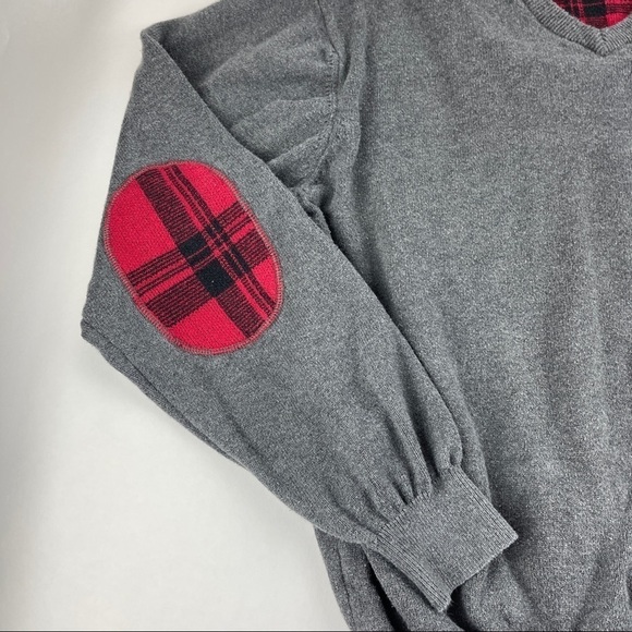 Chaps Sweater Mens XL Gray Red Plaid Elbow Patches Vneck - Picture 4 of 9